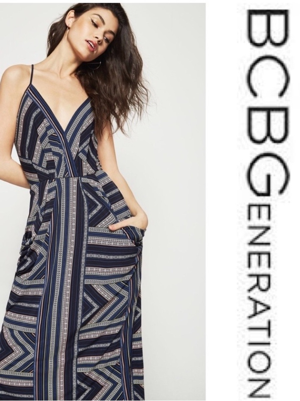 BCBGeneration Navy and White Geometric Strip Faux Wrap Midi Dress